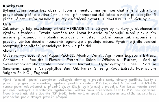 HERBADENT HOMEO byl.zub.pasta bez fluoru/ment.75g