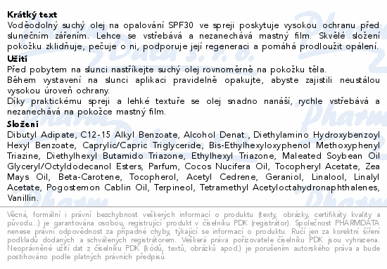 Dermacol Voděodolný suchý olej na opal.SPF30 150ml
